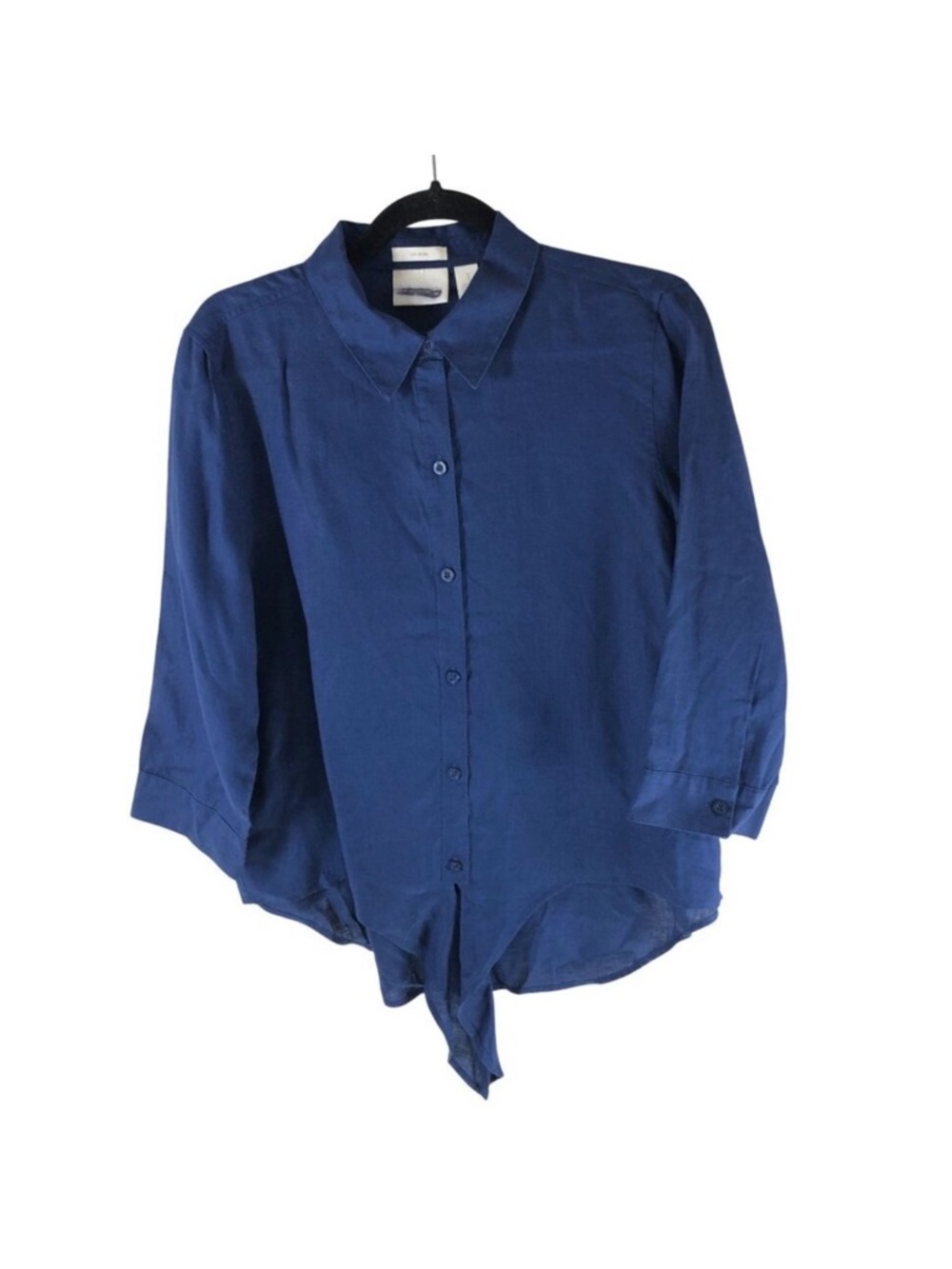 Chicos Button Up Shirt Effortless Linen 3/4 Sleeve Tie Waist Blue Size 1 US M